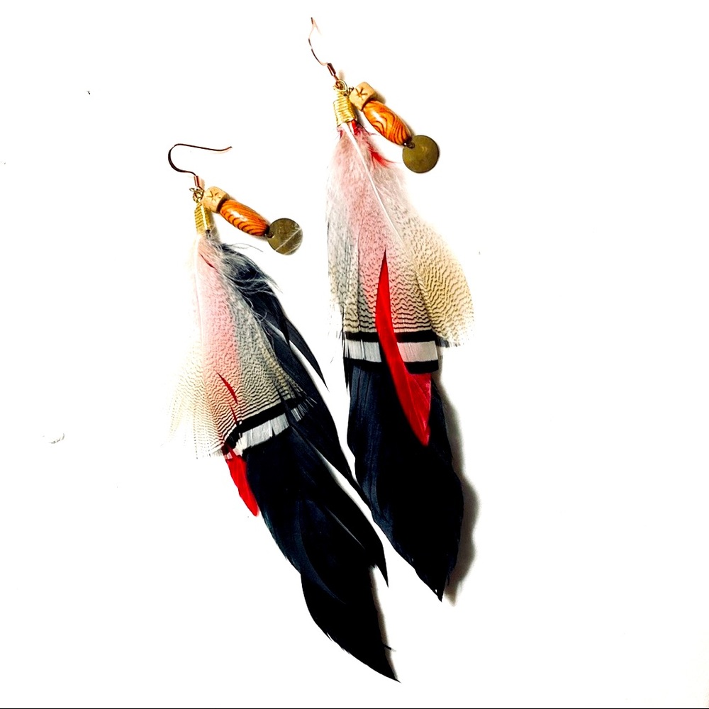 Red Black Tan Bohemian Feather Earrings Handmade by McGlamorous Western